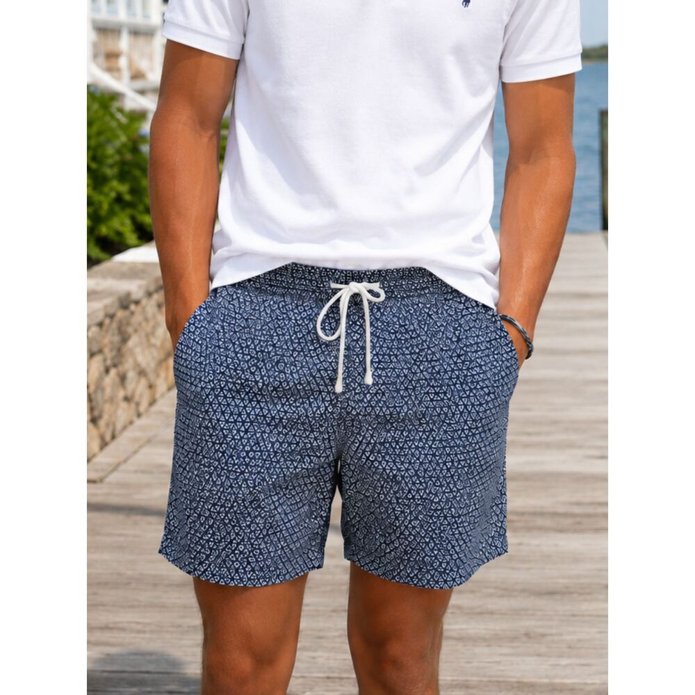 J.Crew Flex Mens Small Navy Geometric Print Drawstring Casual Shorts Stretch